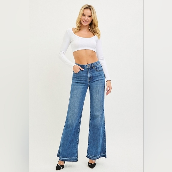 Risen Jeans Denim - RISEN HR Tummy Control Medium Wash Wide Leg Jeans Released Hem Various NEW